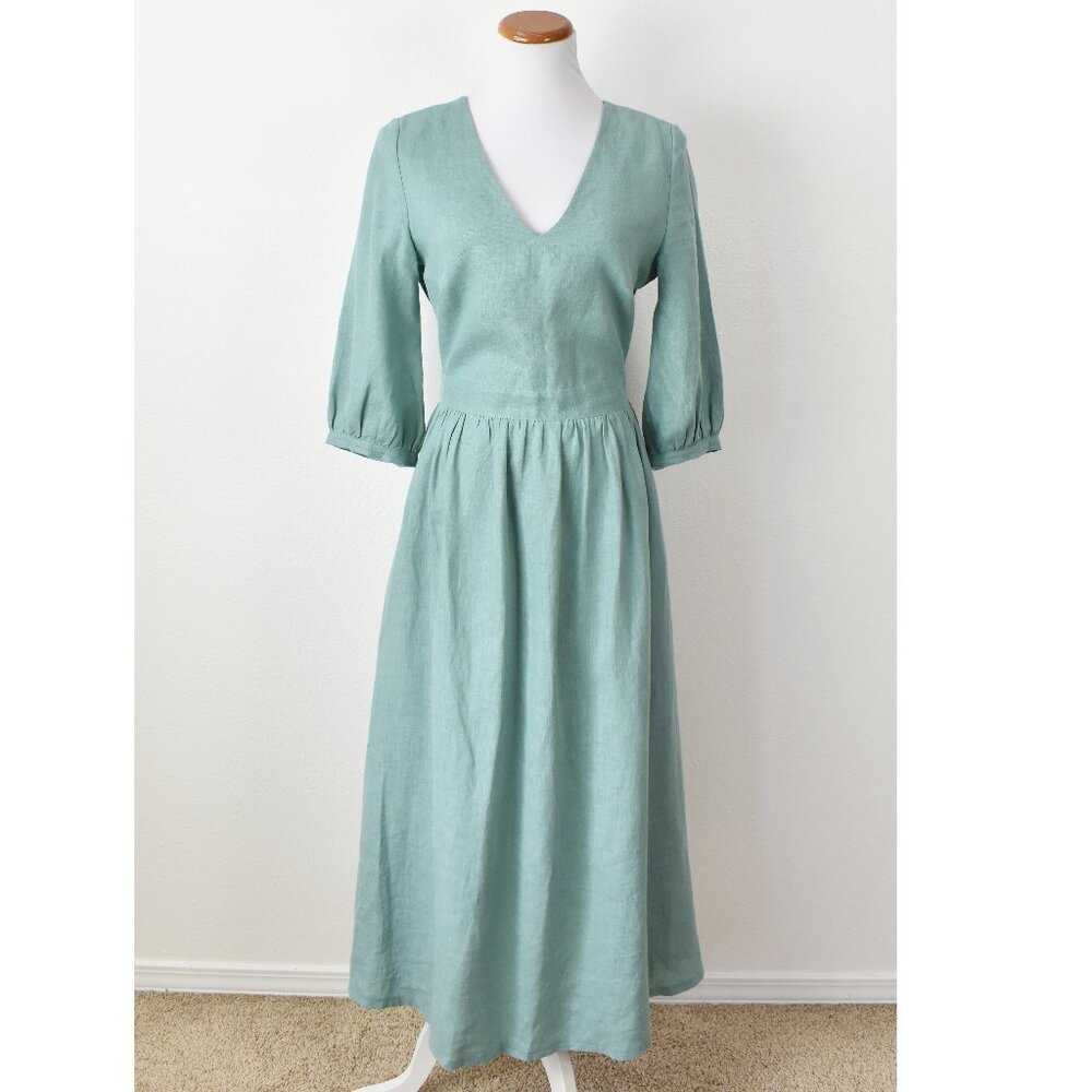 Linen Handmade Studio Open Back Madeleine Midi Dress Teal - 6